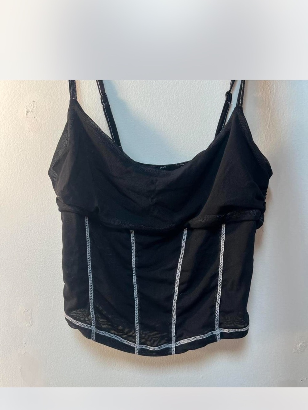 Urban Outfitters Black Mesh Corset-Style Crop Top with Contrast Stitching